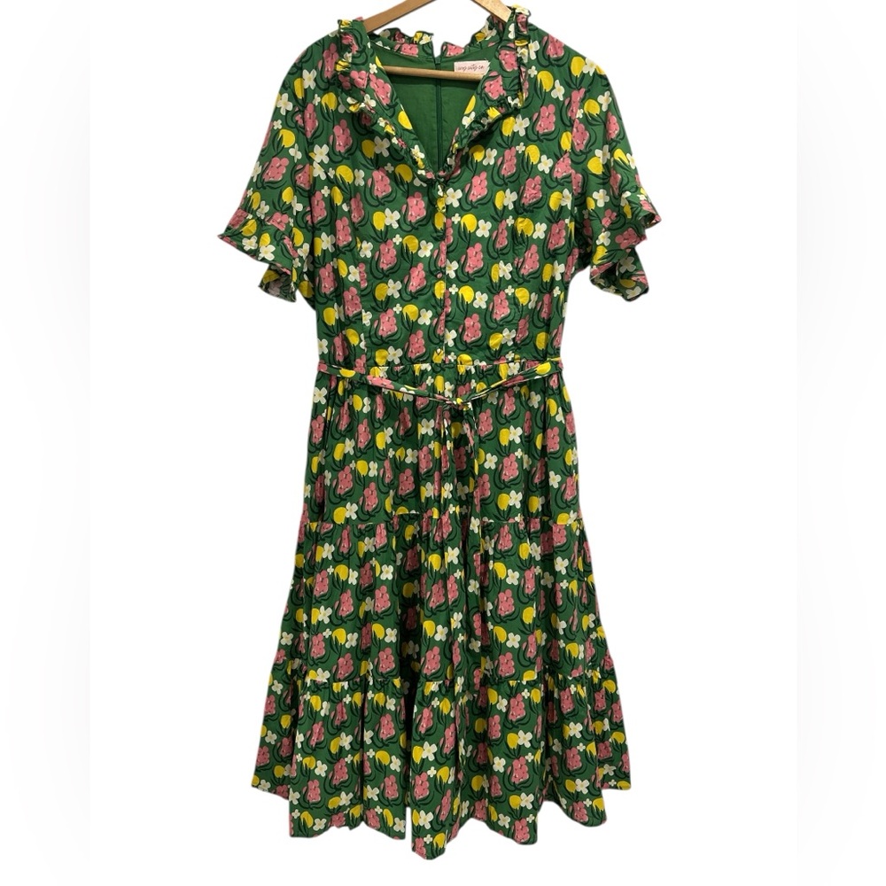 Ivy City Co Green Floral Midi Dress with Pink and Yellow Accents